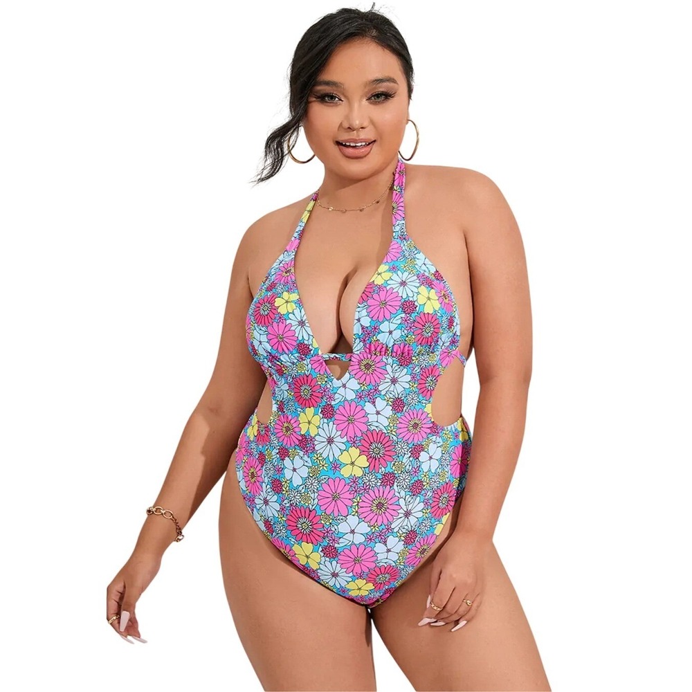 Cupshe x Jenna Misc Floral One Halter‎ Neck Tie Waist Piece Swimsuit Size 0X